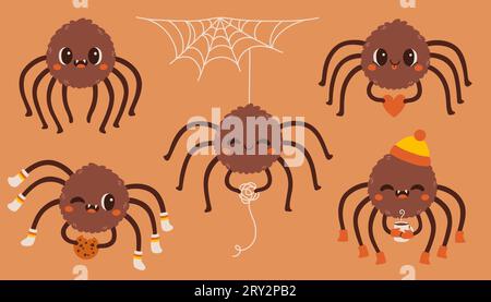 Set di ragni per Halloween. Set di mascotte Cartoon Spider. Set di ragni per adesivi di Halloween Illustrazione Vettoriale