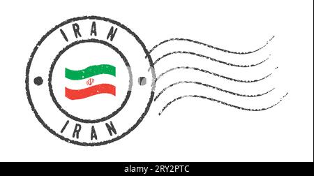 Francobollo postale "Iran”. Bandiera iraniana che sventola nel mezzo. Illustrazione Vettoriale