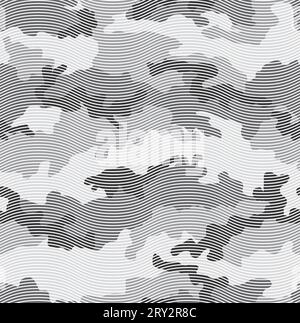 Motivo urban camouflage senza cuciture. Trama linea curva. Colore nero, grigio e bianco. Illustrazione Vettoriale