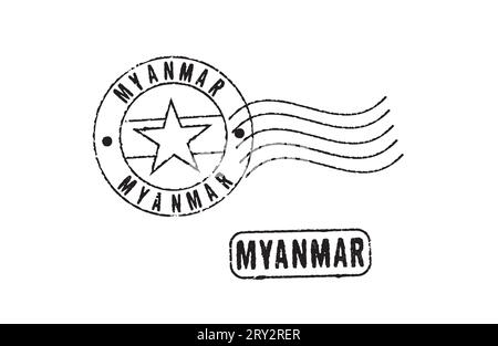 Timbri di gomma PER MYANMAR (BIRMANIA). Bandiera di contorno al centro. Paese del sud-est asiatico. Illustrazione Vettoriale