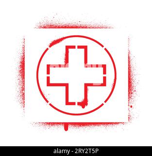 Cartello medico di avvertimento di PRONTO SOCCORSO. Stencil per graffiti spray rosso isolato. Illustrazione Vettoriale