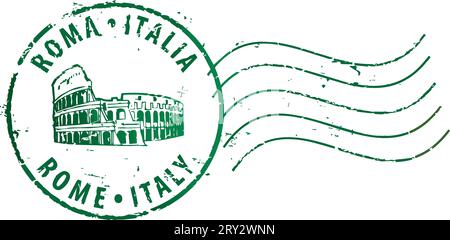 Francobollo "Roma-Italia" postale con il colosseo. Iscrizione in italiano e inglese. Illustrazione Vettoriale