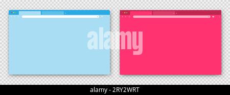 Finestre del browser. Una serie di finestre del browser realistiche vuote blu e rosa con una barra degli strumenti, una barra di ricerca e un'ombra su uno sfondo azzurro. Illustrazione Vettoriale