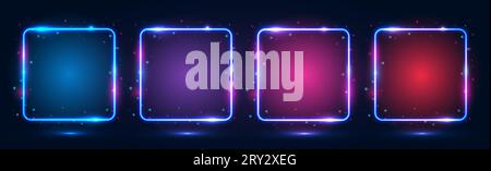 Un set di quattro cornici al neon quadrate con effetti luminosi, evidenziazioni su sfondo scuro. Illustrazione Vettoriale