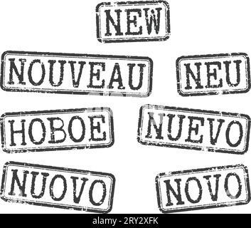 Serie di francobolli grunge "nuovo" in diverse lingue (inglese, francese, tedesco, russo, spagnolo, italiano e portoghese). Illustrazione Vettoriale