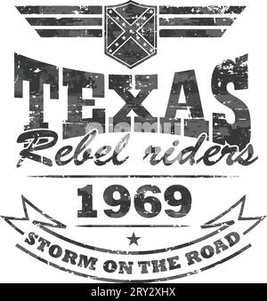 Opere d'arte per motociclisti "Texas-ribel riders" per t-shirt e poster. Scudo alato con bandiera confederata. Illustrazione Vettoriale