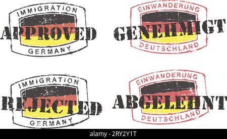 Timbri del passaporto "immigrazione approvata/respinta-Germania". Iscrizione in inglese e tedesco. Illustrazione Vettoriale