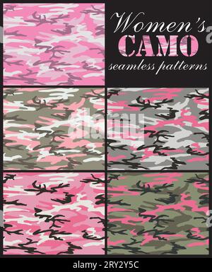 Set di motivi camouflage senza cuciture da donna.combinazione di colori rossiccio, urbano e boschivo. Illustrazione Vettoriale