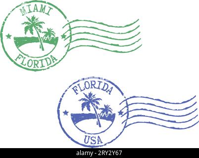 Due francobolli grunge postali "Miami-Florida" e "Florida-USA". Sfondo bianco. Illustrazione Vettoriale