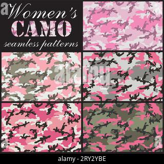 Set di motivi camouflage senza cuciture da donna.combinazione di colori rossiccio, urbano e boschivo. Illustrazione Vettoriale