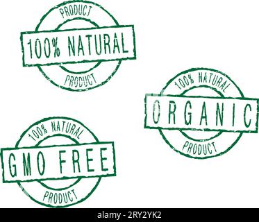 Set di francobolli verdi "100% NATURAL-ORGANIC-OGM FREE" Illustrazione Vettoriale