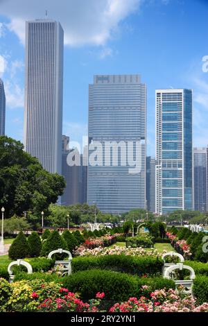 Sullo skyline di Chicago visto dal giardino di rose di Grant Park. Foto Stock