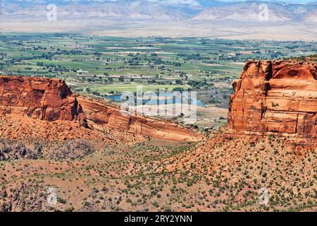 Terreni agricoli di Grand Valley in Colorado. Campi di frutta a Fruita, Colorado. Vista dal Colorado National Monument. Foto Stock