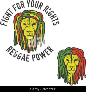 Due teste di leone reggae con dreadlock (colori della bandiera reggae). Grafica per t-shirt, poster... Illustrazione Vettoriale