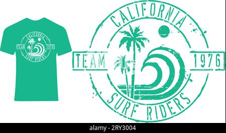 Grafica con francobollo "California Surf Riders" per t-shirt, poster... Illustrazione Vettoriale