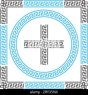 Set di bordi e fotogrammi di meandro. Antica decorazione greca tradizionale. Colore nero e blu. Illustrazione Vettoriale