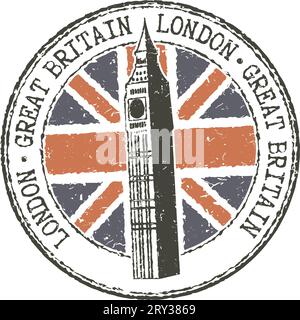 Francobollo "London-Great Britain" in gomma grunge. Torre Big Ben e bandiera britannica Illustrazione Vettoriale