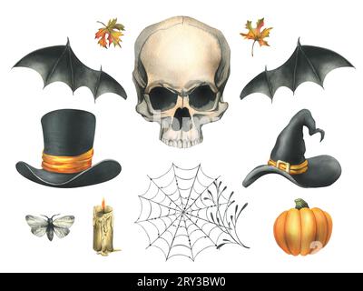 Teschio umano con ali di pipistrello, zucca, candela, falena, strega e cappello, ragnatela e foglie di acero autunnale. Illustrazione ad acquerello disegnata a mano per Halloween Foto Stock