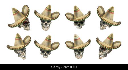 Un teschio umano con un ornamento in un cappello sombrero. Illustrazione ad acquerello disegnata a mano per il giorno dei morti, halloween, dia de los muertos. Set di Foto Stock