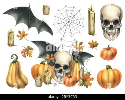 Teschio umano con ali di pipistrello, zucche arancioni, ragnatele, candele e foglie d'acero autunnale. Illustrazione ad acquerello disegnata a mano per Halloween. Set di Foto Stock