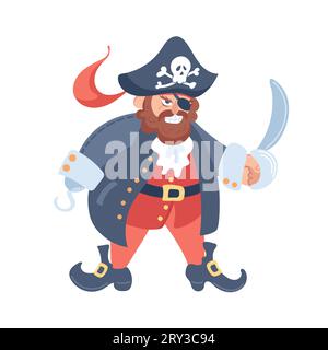 Personaggio pirata arrabbiato in un cappello coccato con una sciabola. Un gancio invece di una mano. Cartoni animati illustrazione vettoriale uomo armato bandito marinaio, fantasy marine vi Illustrazione Vettoriale