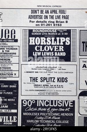 Concert Advertising nel numero degli anni '1970 di NME New Musical Express Music Paper Foto Stock