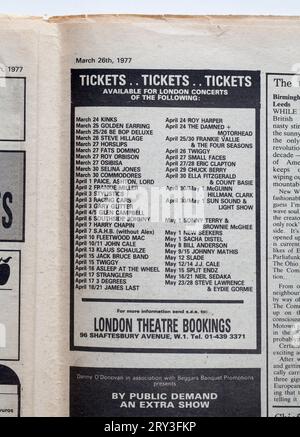 Pubblicità per i biglietti per il concerto nel numero 1970s di NME New Musical Express Music Paper Foto Stock