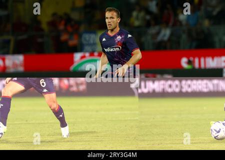 Frosinone, Lazio, Italia. 28 settembre 2023. Melo Artù della Fiorentina durante la partita di serie A SSC Frosinone calcio - ACF Fiorentina Stadio Stirpe a Frosinone, Italia. (Immagine di credito: © Ciro De Luca/ZUMA Press Wire) SOLO USO EDITORIALE! Non per USO commerciale! Foto Stock