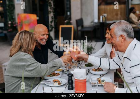 Amici anziani felici, maschi e femmine, tostano bevande mentre mangiano al ristorante Foto Stock