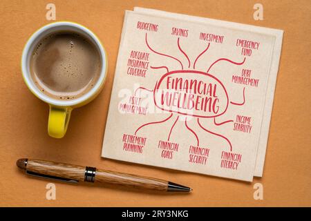 benessere finanziario: infografiche o schizzi di mappe mentali su un tovagliolo con caffè e concetto di finanza personale Foto Stock