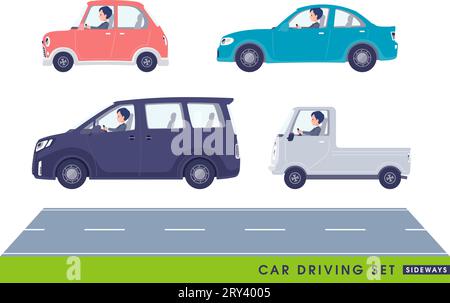 Una serie di consulenti che guidano un'auto (lateralmente).è un'arte vettoriale facile da modificare. Illustrazione Vettoriale