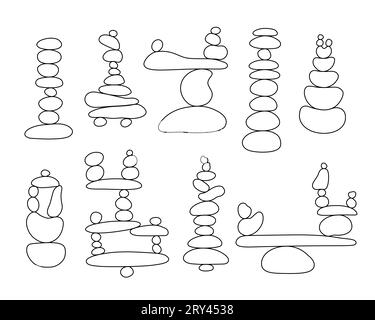 cairns in pietra Zen, in semplice stile doodle astratto, delinea l'illustrazione vettoriale, relax, concetto di meditazione yoga, clipart piramidale di pietra boho per makin Illustrazione Vettoriale