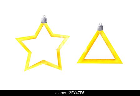 Set di colori ad acquerello, decorazioni per alberi di Natale, stella di colore giallo e triangolo. Illustrazione disegnata a mano isolata su bianco. Elementi decorativi per Natale e Capodanno Foto Stock