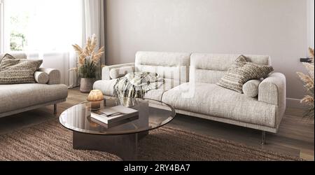 Salottino boho beige con fondo di piante erbose asciutte. Interni leggeri e moderni di natura giapponese. rendering 3d. Illustrazione 3d di alta qualità Foto Stock