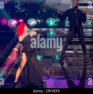 Leeds, Regno Unito. 28 settembre 2023. Shania Twain si esibisce sul palco della prima Direct Arena di Leeds durante il suo Queen of me Tour. Credit Paul Whitehurst/Alamy Live News Foto Stock