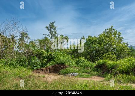 Zihuatanejo, Messico - 18 luglio 2023: Storica fornace di terracotta. Cime di argilla al confine con la foresta fogliaria verde sotto il paesaggio nuvoloso blu Foto Stock