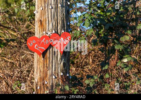 Due cuori rossi dipinti con le parole "We R Together" esposte su un palo di legno a Vancouver, Canada Foto Stock