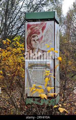 Un poster di propaganda in quello che era il centro del Pripyat City Park, 26 anni dopo, la natura ha ovviamente preso il sopravvento. Ottobre 2012, Pripyat, Ucraina Foto Stock