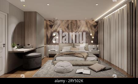 Moderna camera da letto di lusso con rendering .3d. Foto Stock