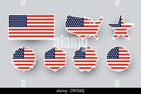 illustrazione della bandiera usa con stella e mappa.bandiera americana nel design del set di adesivi Illustrazione Vettoriale