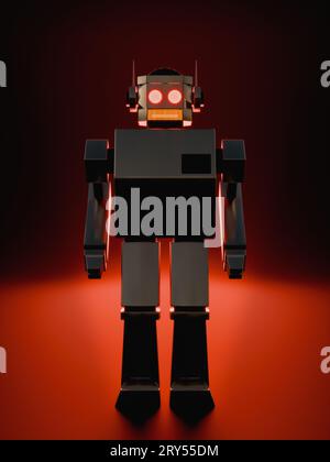 Robot metallizzato malvagio su sfondo rosso, intelligenza artificiale retrò anni '60 - robot metálico malvado en fondo rojo, inteligencia artificiale retrò 60 S. Foto Stock