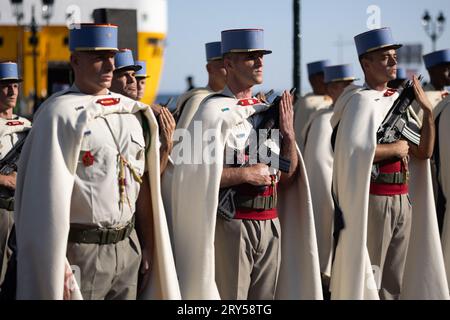 Bastia, Francia. 28 settembre 2023. Soldato marocchino durante la cerimonia che segna il 80° anniversario della liberazione della Corsica a Bastia il 28 settembre 2023, come parte del presidente francese viaggio di tre giorni in Corsica. Foto di Raphael Lafargue/ABACAPRESS.COM Credit: Abaca Press/Alamy Live News Foto Stock