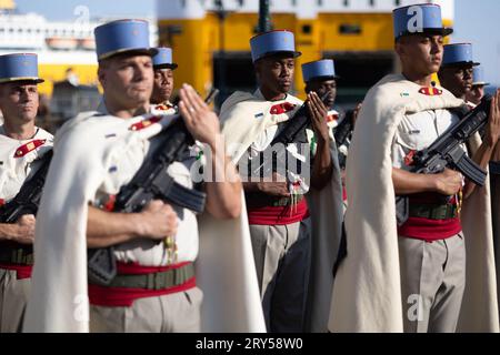 Bastia, Francia. 28 settembre 2023. Soldato marocchino durante la cerimonia che segna il 80° anniversario della liberazione della Corsica a Bastia il 28 settembre 2023, come parte del presidente francese viaggio di tre giorni in Corsica. Foto di Raphael Lafargue/ABACAPRESS.COM Credit: Abaca Press/Alamy Live News Foto Stock