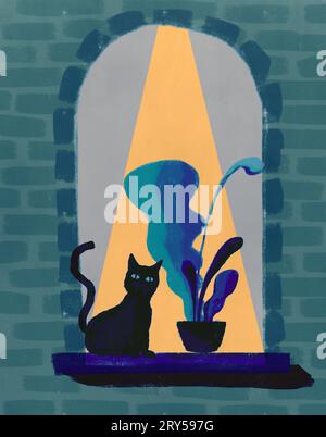 Immagine di gattino in una finestra ad arco accanto a una pianta - Ilustración de gatito en una ventana de arco al lado de una planta Foto Stock