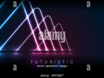 Forme laser al neon blu e viola. Sfondo retrospettivo con tecnologia a triangoli astratti. Futuristico design vettoriale luminoso Illustrazione Vettoriale