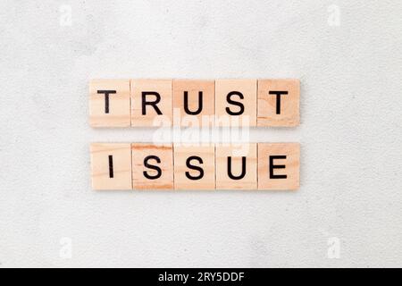 Vista dall'alto della parola Trust Issue su blocco di lettere cubo in legno su sfondo bianco. Concetto aziendale Foto Stock