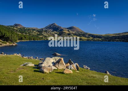 Il lago LAC des Bouillouses e le cime del Perics sullo sfondo in una mattina d'estate (Pirenei orientali, Occitania, Francia, Pirenei) Foto Stock