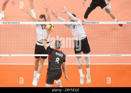 Lucas Van Berkel, Stephen Maar (Canada), Burutay Subasi (Turchia). Campionato del mondo di pallavolo 2022. Foto Stock