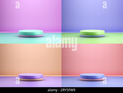 Colori 3D realistici e vivaci podio su uno sfondo a parete vivace. Questo moderno display è perfetto per mostrare i tuoi prodotti. Illustrazione vettoriale Illustrazione Vettoriale