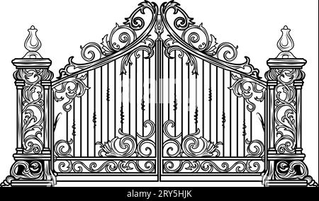 CANCELLO IN METALLO ANTICO. Schizzo nero su bianco di porte da giardino a due piegature in ferro battuto. Cancello della chiesa con pergamene e foglie. Illustrazione Vettoriale